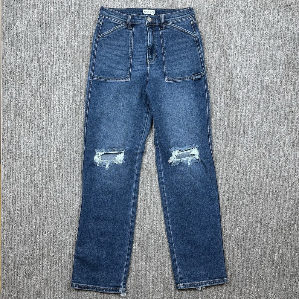 Cello Jeans Womens Junior 3‎ Blue Distressed Straight Leg Jeans Medium Wash